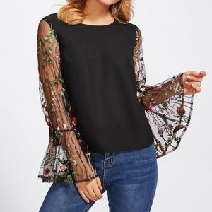 Tunic Top with Embroidered Mesh Trumpet Sleeve